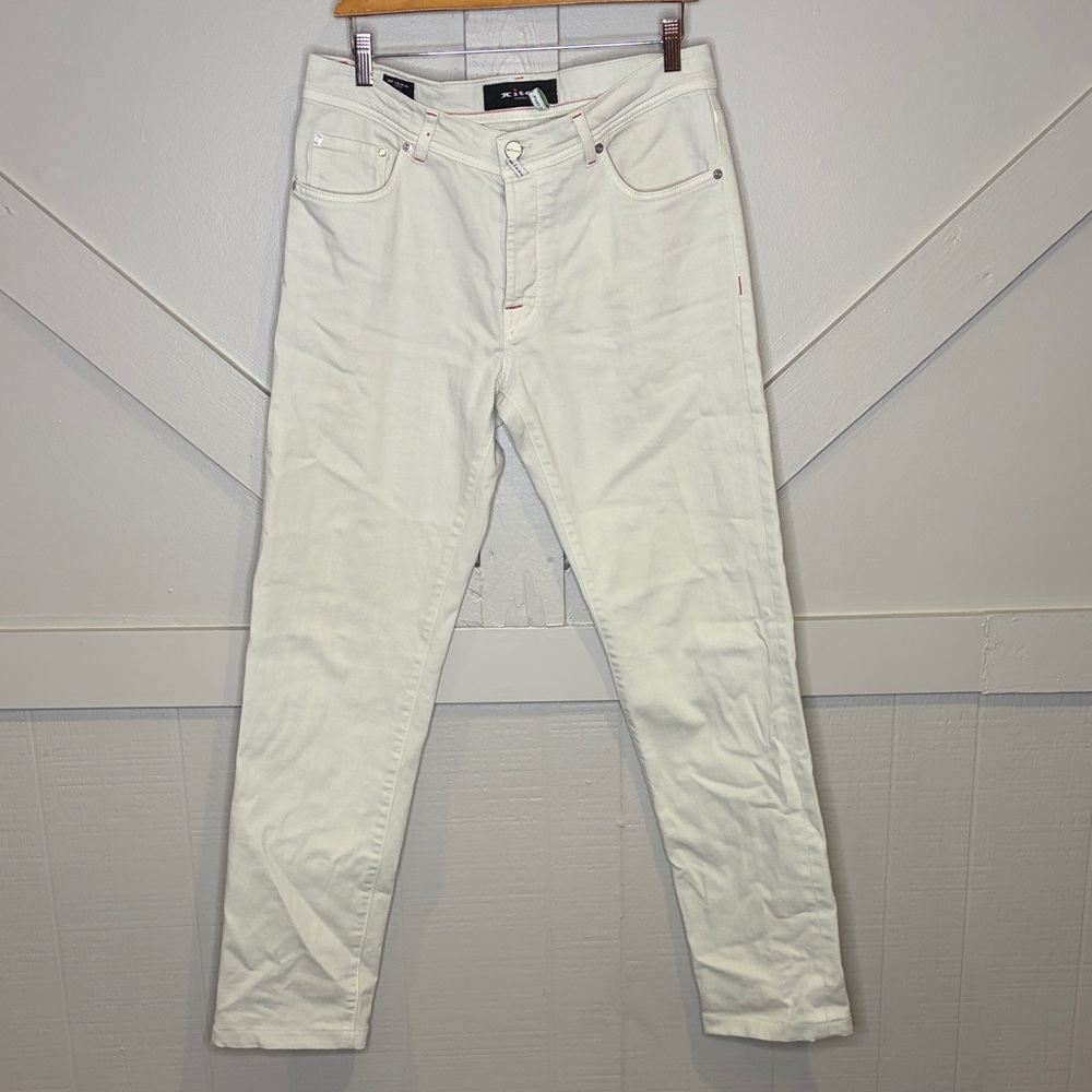 Kiton Napoli Off-White Men’s 34x32 Slim Straight Jeans Button Fly Red Stitching